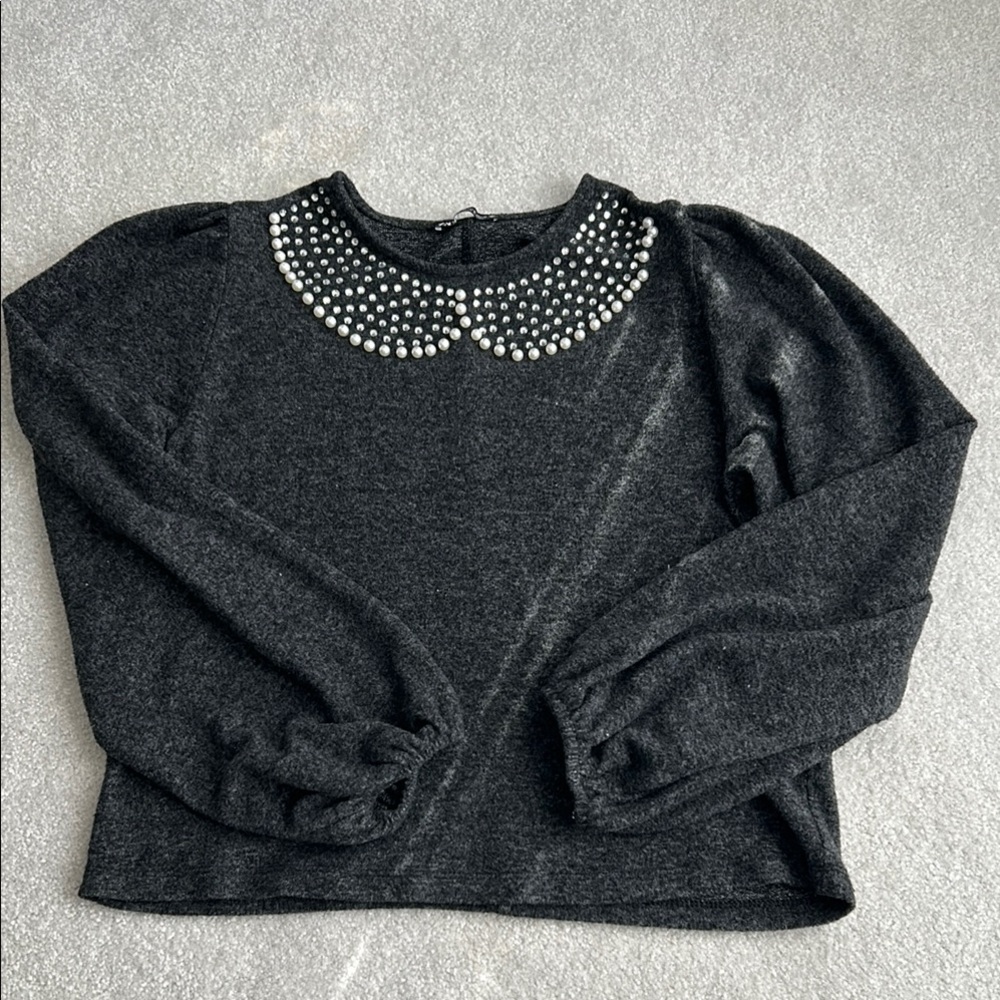 Zara Black Blouse with Pearl Collar